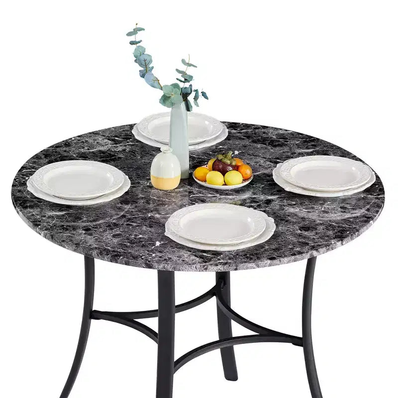 VECELO Mesa de comedor redonda de 36 pulgadas para 4, cubierta de mesa de bar de imitación mármol con patas de metal para cocina, espacios pequeños