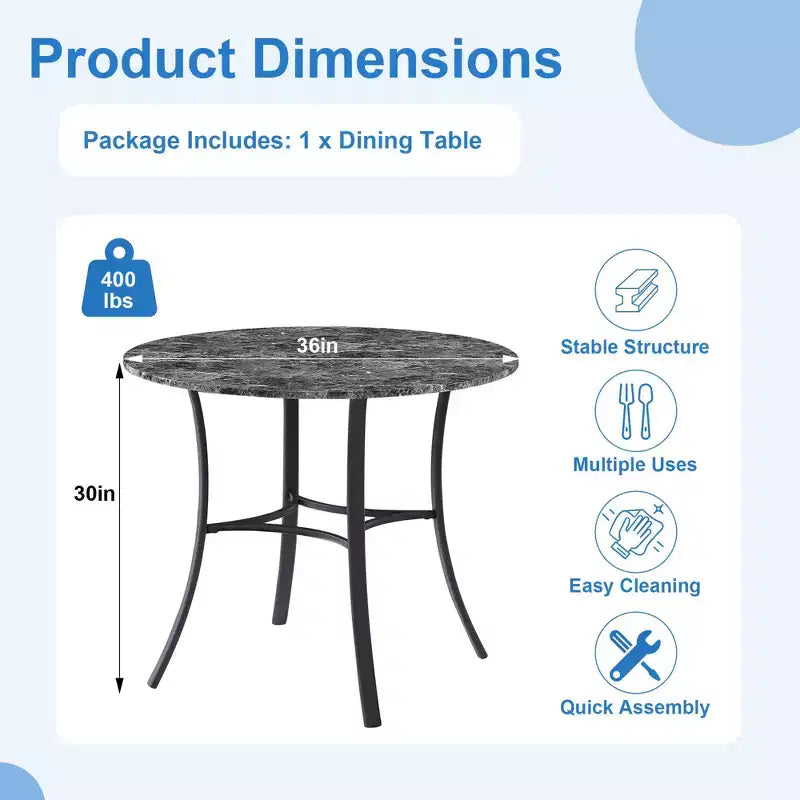 VECELO Mesa de comedor redonda de 36 pulgadas para 4, cubierta de mesa de bar de imitación mármol con patas de metal para cocina, espacios pequeños