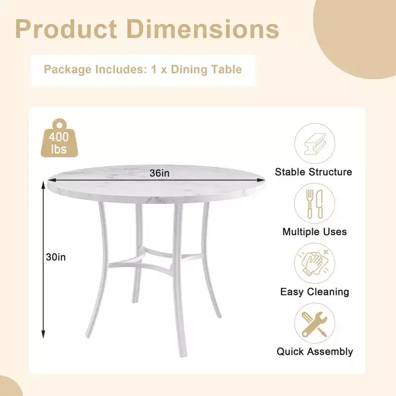 VECELO Mesa de comedor redonda de 36 pulgadas para 4, cubierta de mesa de bar de imitación mármol con patas de metal para cocina, espacios pequeños