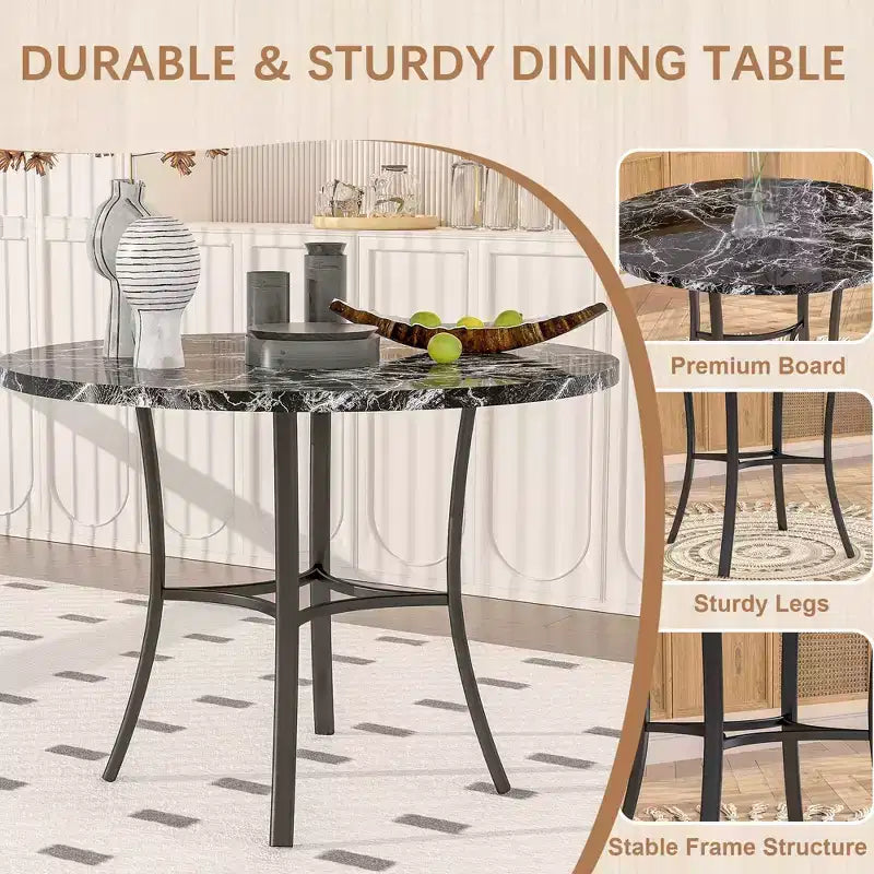 VECELO Mesa de comedor redonda de 36 pulgadas para 4, cubierta de mesa de bar de imitación mármol con patas de metal para cocina, espacios pequeños