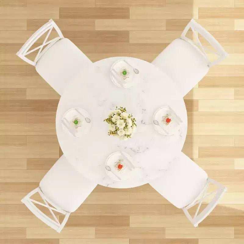 VECELO Mesa de comedor redonda de 36 pulgadas para 4, cubierta de mesa de bar de imitación mármol con patas de metal para cocina, espacios pequeños