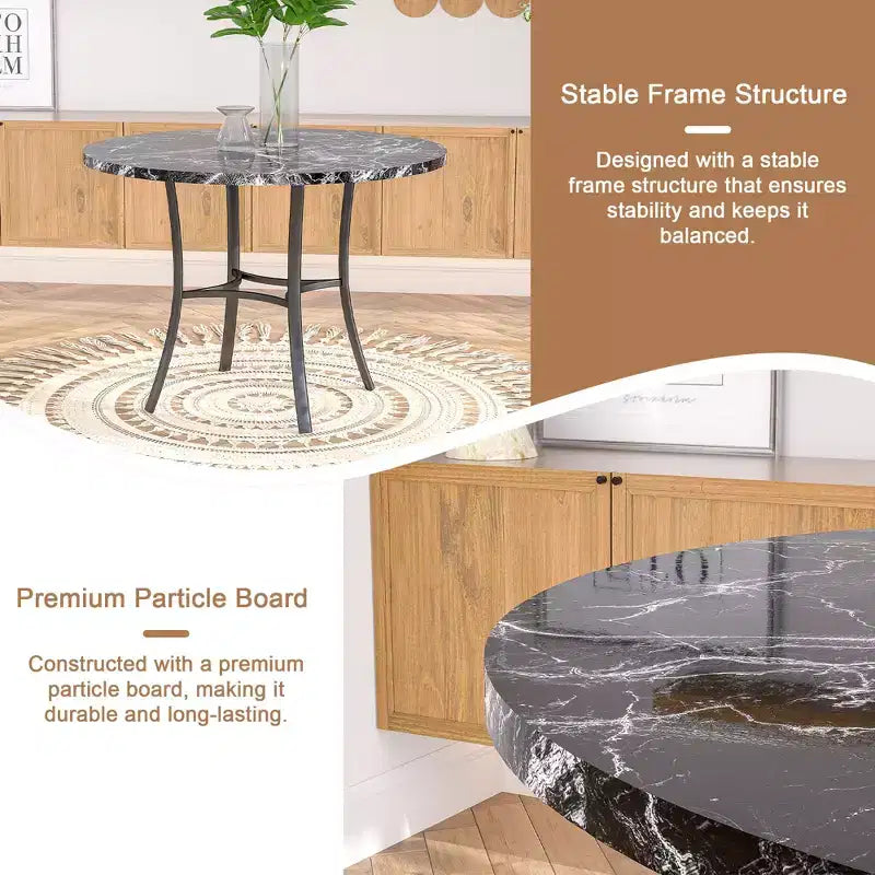 VECELO Mesa de comedor redonda de 36 pulgadas para 4, cubierta de mesa de bar de imitación mármol con patas de metal para cocina, espacios pequeños