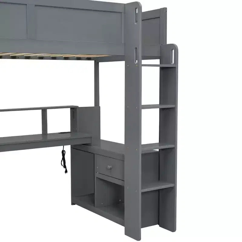 Cama alta de madera para juegos Whisen de 221,2 cm (largo) x 125,5 cm (ancho) con escritorio, estantes de almacenamiento múltiple, luces LED y estación de carga