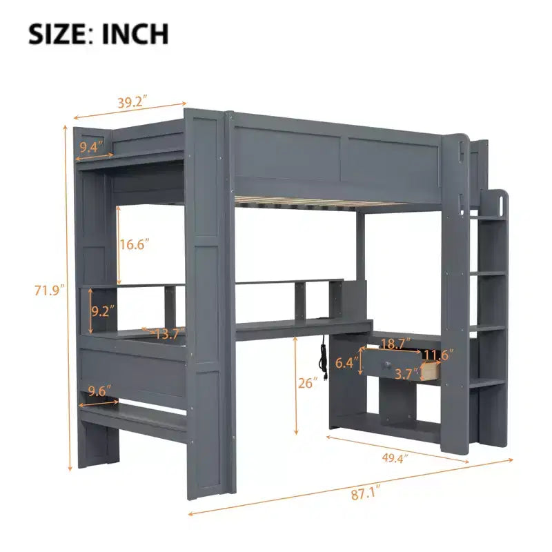Cama alta de madera para juegos Whisen de 221,2 cm (largo) x 125,5 cm (ancho) con escritorio, estantes de almacenamiento múltiple, luces LED y estación de carga