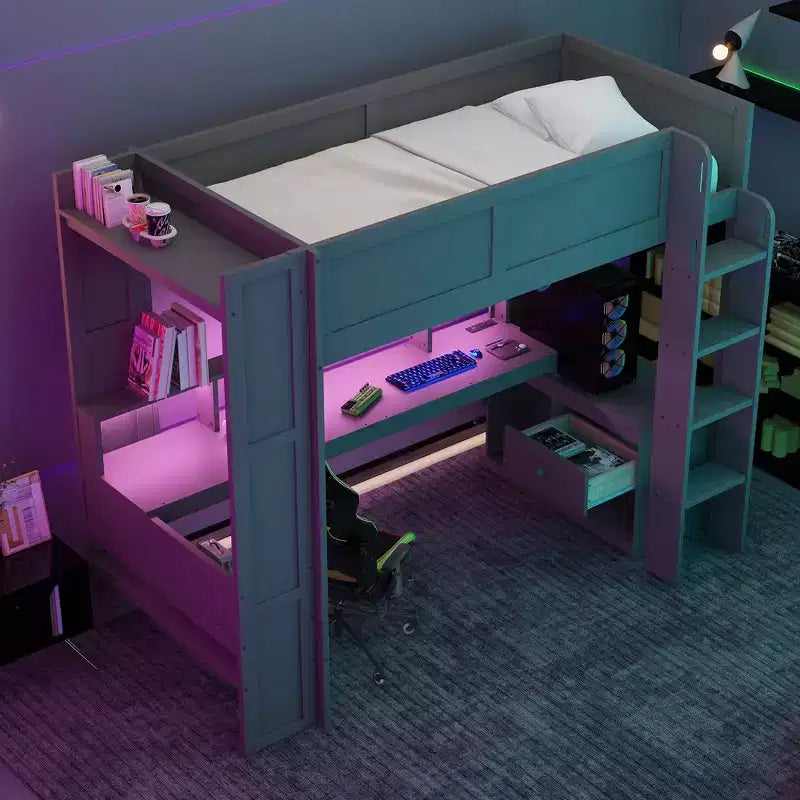 Cama alta de madera para juegos Whisen de 221,2 cm (largo) x 125,5 cm (ancho) con escritorio, estantes de almacenamiento múltiple, luces LED y estación de carga