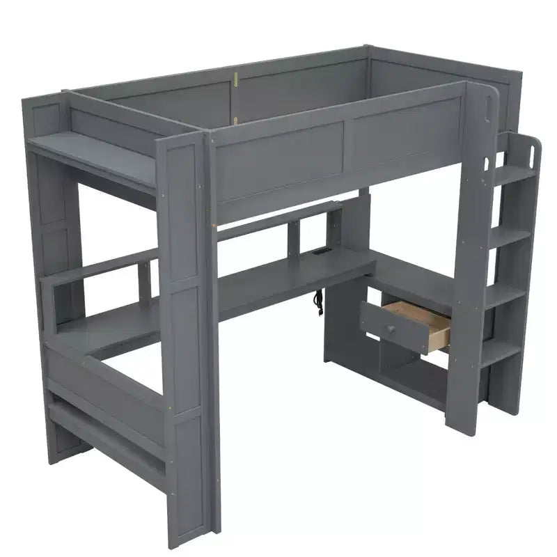 Cama alta de madera para juegos Whisen de 221,2 cm (largo) x 125,5 cm (ancho) con escritorio, estantes de almacenamiento múltiple, luces LED y estación de carga
