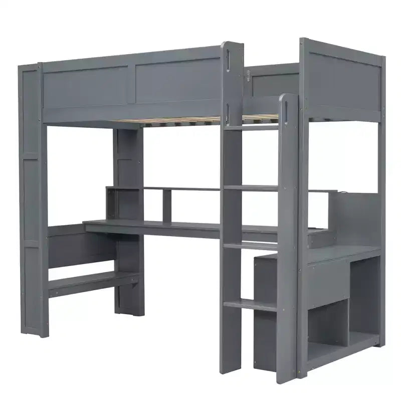 Cama alta de madera para juegos Whisen de 221,2 cm (largo) x 125,5 cm (ancho) con escritorio, estantes de almacenamiento múltiple, luces LED y estación de carga