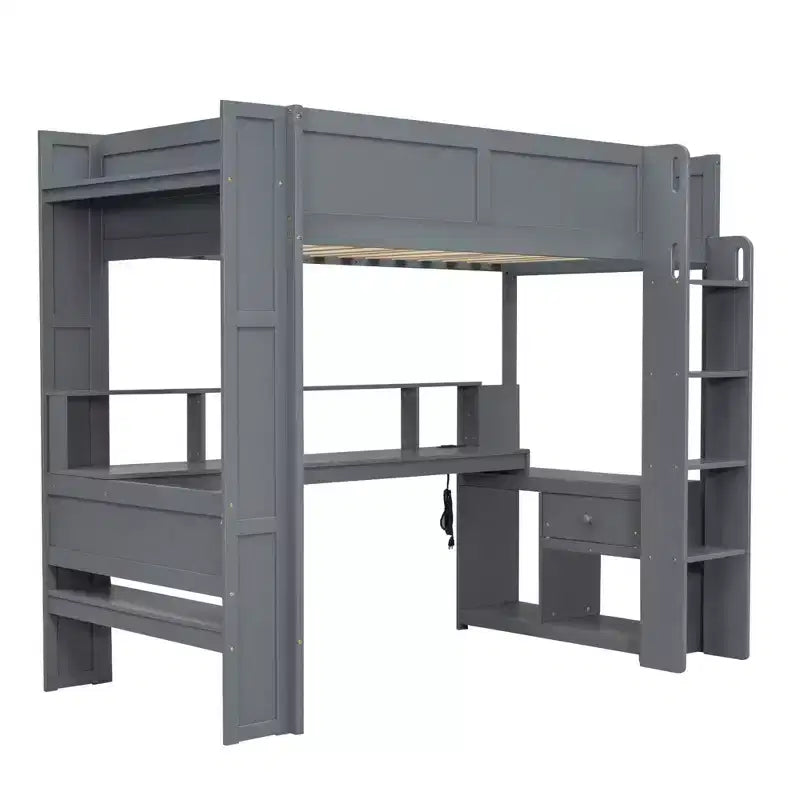 Cama alta de madera para juegos Whisen de 221,2 cm (largo) x 125,5 cm (ancho) con escritorio, estantes de almacenamiento múltiple, luces LED y estación de carga