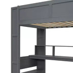 Cama alta de madera para juegos Whisen de 221,2 cm (largo) x 125,5 cm (ancho) con escritorio, estantes de almacenamiento múltiple, luces LED y estación de carga