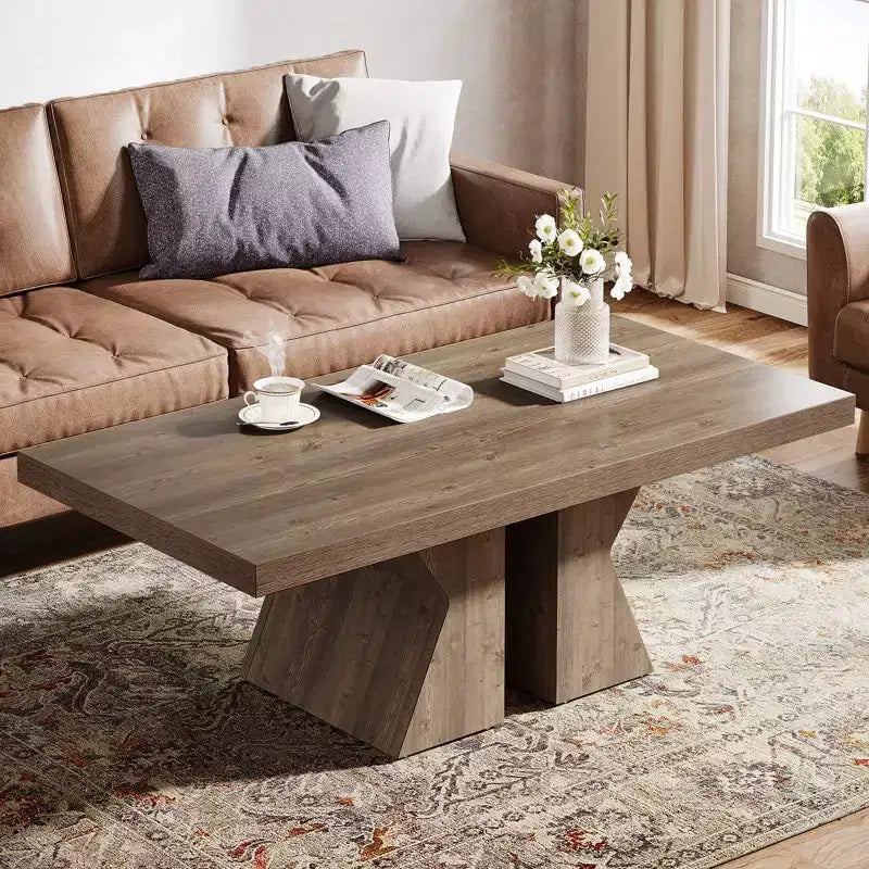 Mesa de centro Lantine Wood, mesa de centro rectangular de 47.24 pulgadas con base de madera gruesa, mesa de café estilo rústico con aspecto de madera para sala de estar