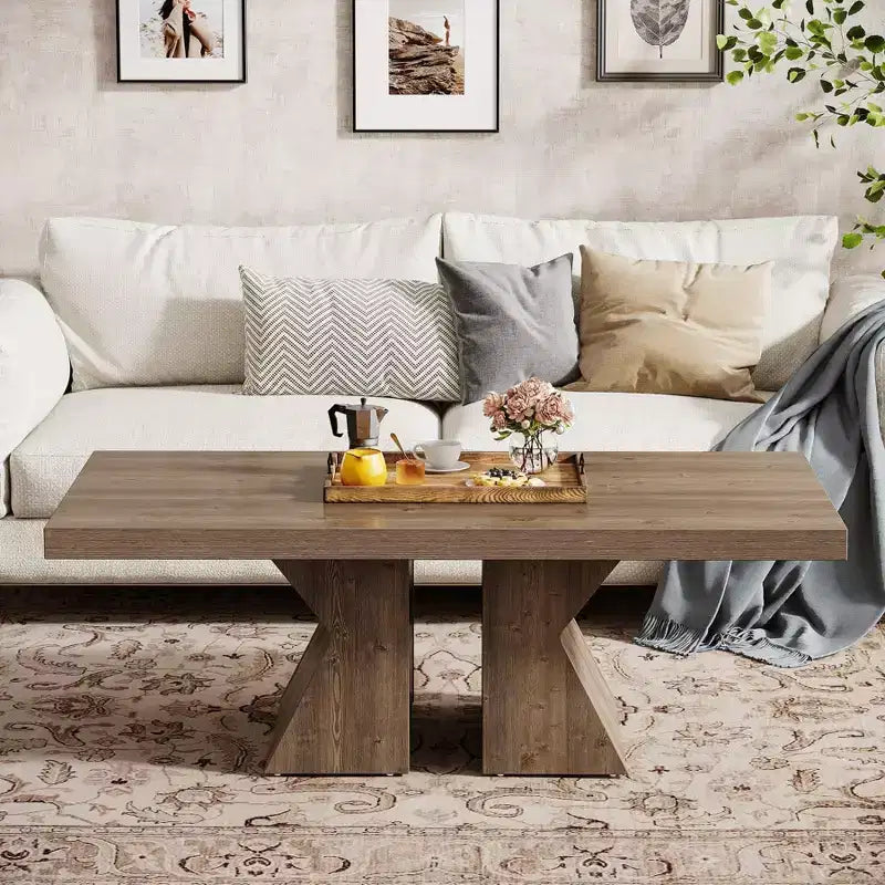 Mesa de centro Lantine Wood, mesa de centro rectangular de 47.24 pulgadas con base de madera gruesa, mesa de café estilo rústico con aspecto de madera para sala de estar