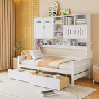 Cama nido de madera doble/matrimonial con 2 cajones, armario todo en uno y estantes - ModernLuxe