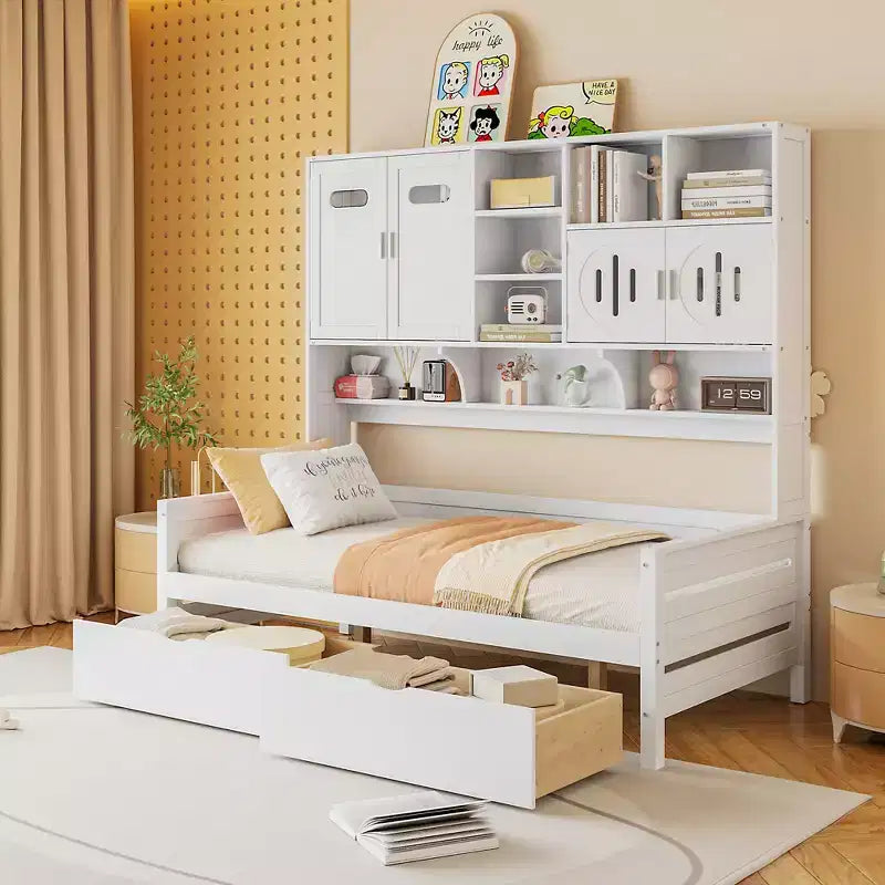 Cama nido de madera doble/matrimonial con 2 cajones, armario todo en uno y estantes - ModernLuxe