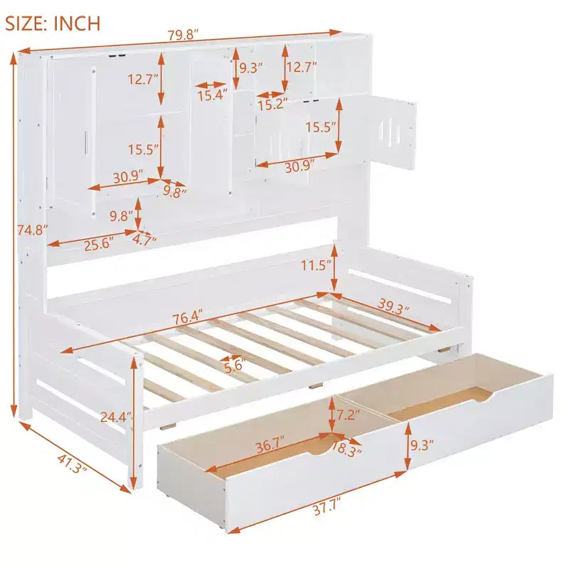 Cama nido de madera doble/matrimonial con 2 cajones, armario todo en uno y estantes - ModernLuxe