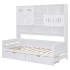 Cama nido de madera doble/matrimonial con 2 cajones, armario todo en uno y estantes - ModernLuxe