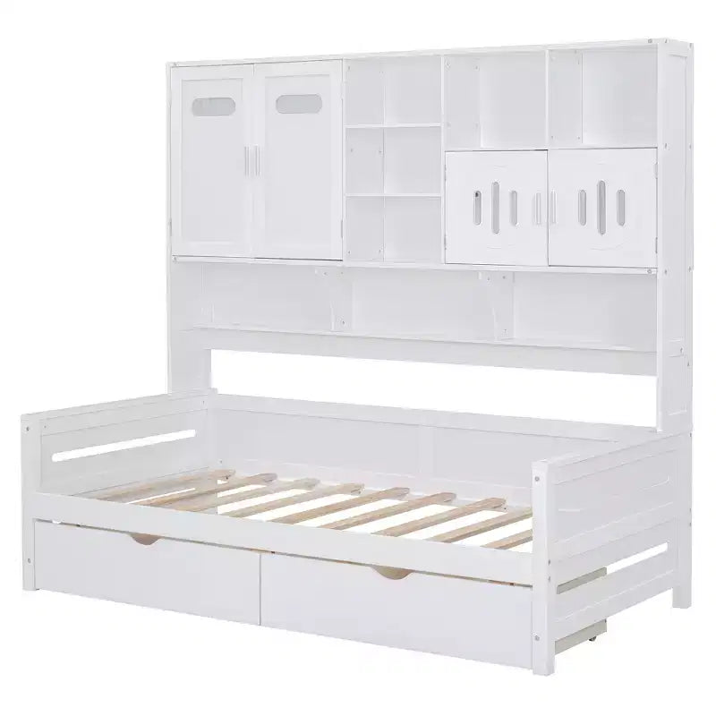Cama nido de madera doble/matrimonial con 2 cajones, armario todo en uno y estantes - ModernLuxe
