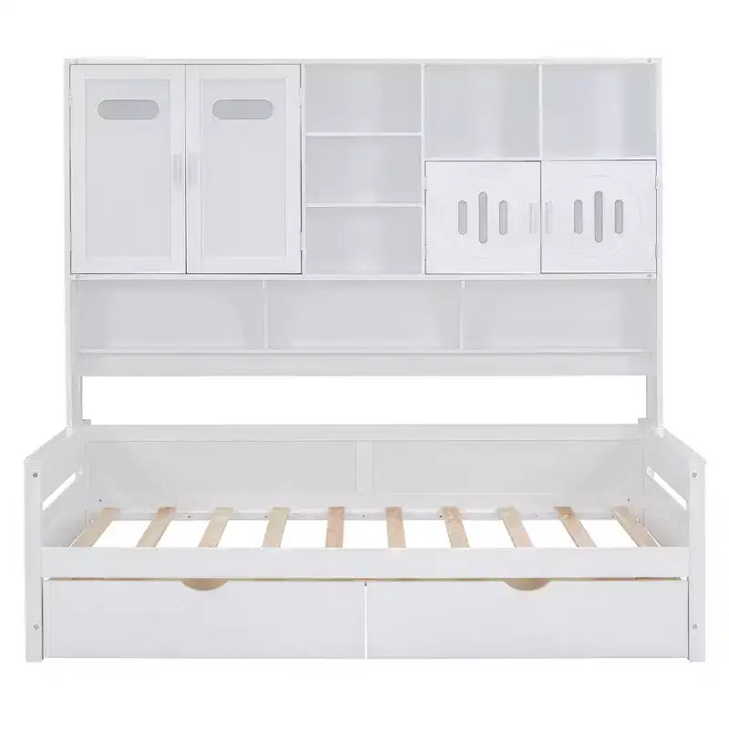 Cama nido de madera doble/matrimonial con 2 cajones, armario todo en uno y estantes - ModernLuxe