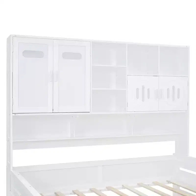 Cama nido de madera doble/matrimonial con 2 cajones, armario todo en uno y estantes - ModernLuxe