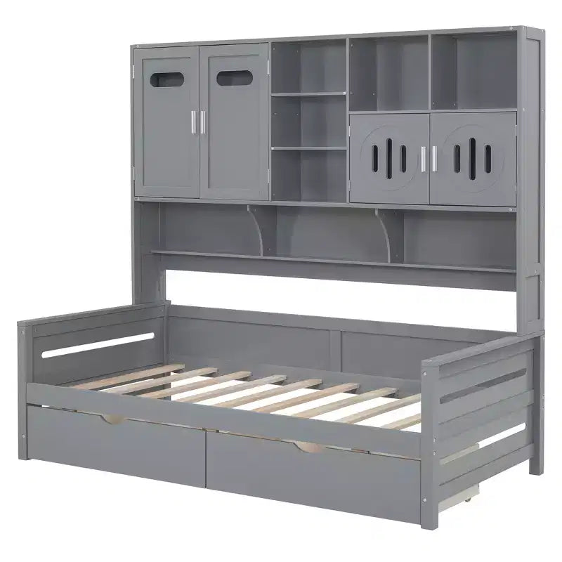 Cama nido de madera doble/matrimonial con 2 cajones, armario todo en uno y estantes - ModernLuxe