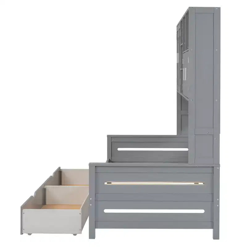 Cama nido de madera doble/matrimonial con 2 cajones, armario todo en uno y estantes - ModernLuxe