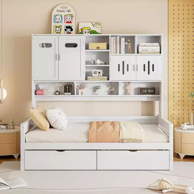 Cama nido de madera doble/matrimonial con 2 cajones, armario todo en uno y estantes - ModernLuxe