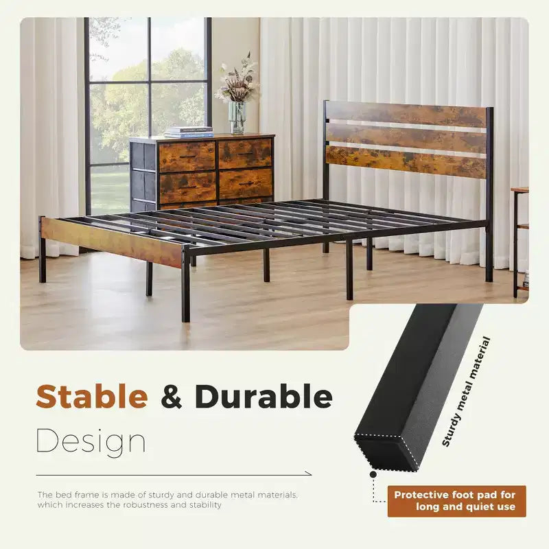 JIONJOY Estructura de cama de metal marrón con cabecero y piecero, soporte de lamas resistentes de 800 libras, sin necesidad de somier y ultrasilenciosa