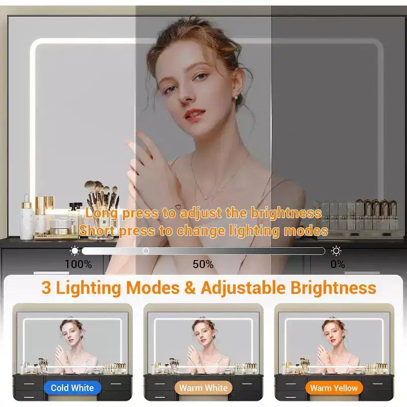 Tocador de maquillaje con espejo grande y luces, tocador con toma de corriente, 7 cajones y taburete acolchado, 3 colores de iluminación ajustables