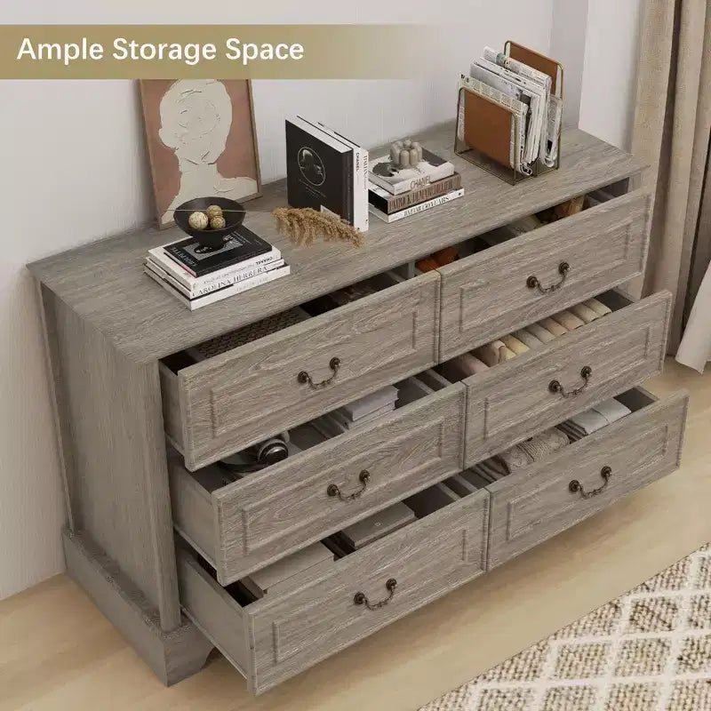 Cómoda rústica de 6 cajones de 47'' para dormitorio, aparador ancho con textura natural, gris