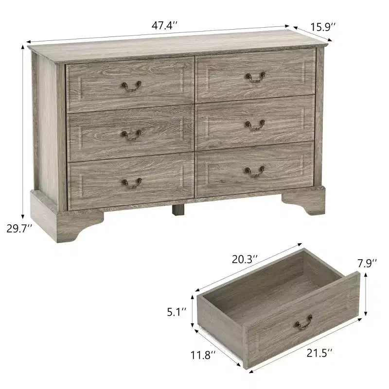 Cómoda rústica de 6 cajones de 47'' para dormitorio, aparador ancho con textura natural, gris