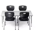 Mesa y silla de actividades Bintiva. Mesa de 24x48 pulgadas con borde pulverizado gris y patas ajustables y 4 sillas de aula NAAR negras de 14 pulgadas.