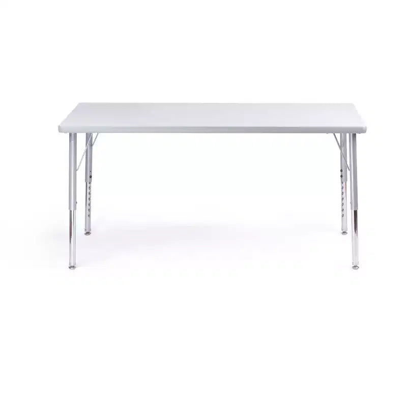 Mesa y silla de actividades Bintiva. Mesa de 24x48 pulgadas con borde pulverizado gris y patas ajustables y 4 sillas de aula NAAR negras de 14 pulgadas.