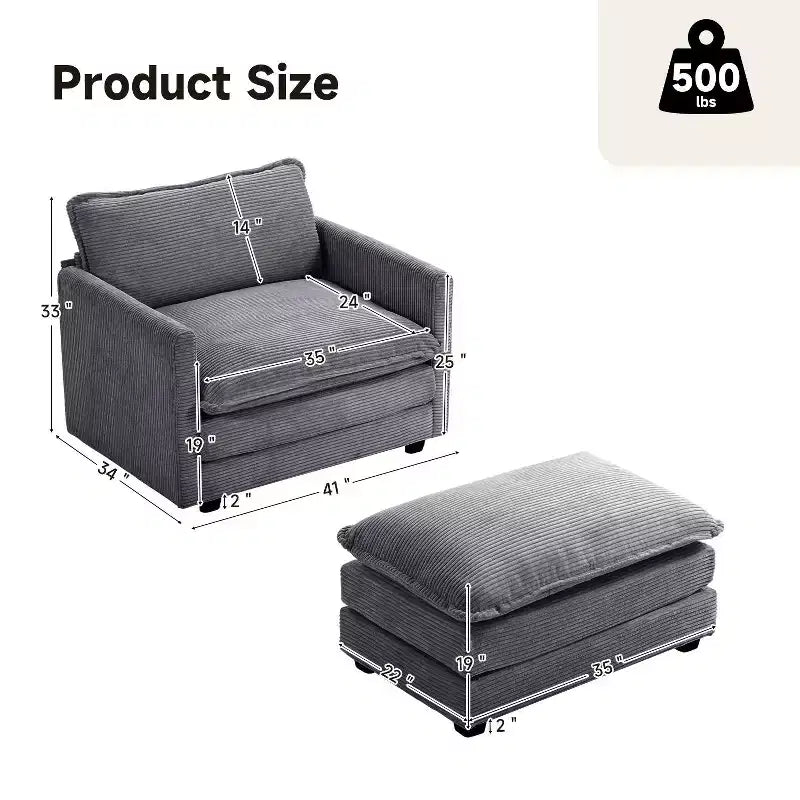 41.34 Sillón tapizado de pana de gran tamaño, sofá individual con otomana y asiento grande, sillón moderno de lectura para dormitorio o sala de estar