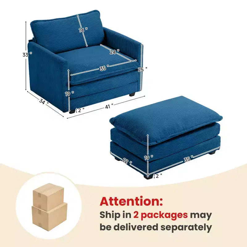 41.34 Sillón tapizado de pana de gran tamaño, sofá individual con otomana y asiento grande, sillón moderno de lectura para dormitorio o sala de estar