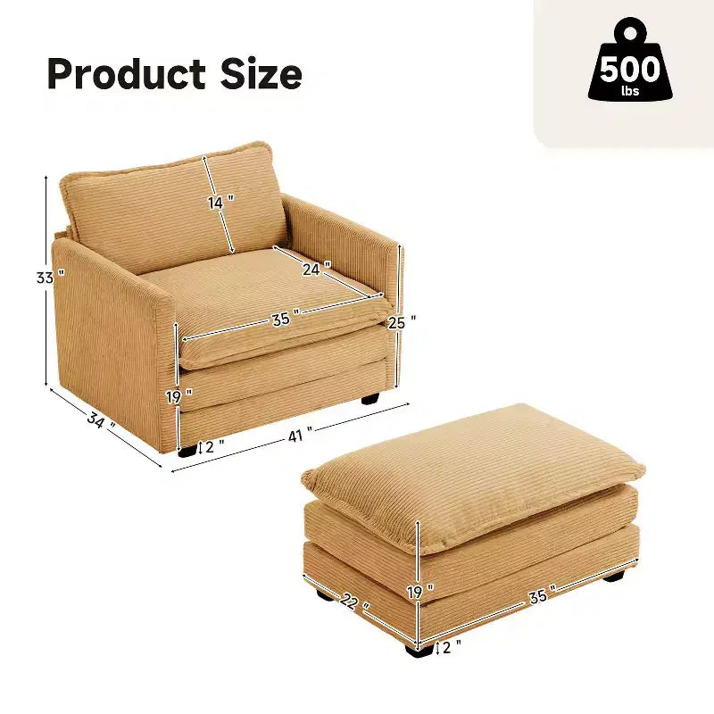 41.34 Sillón tapizado de pana de gran tamaño, sofá individual con otomana y asiento grande, sillón moderno de lectura para dormitorio o sala de estar