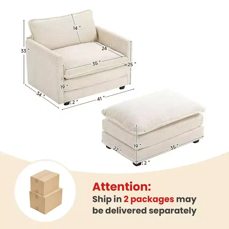 41.34 Sillón tapizado de pana de gran tamaño, sofá individual con otomana y asiento grande, sillón moderno de lectura para dormitorio o sala de estar