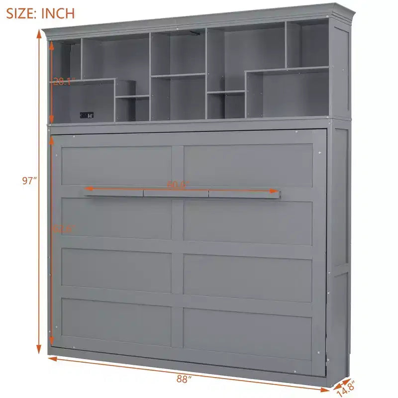 Cama de pared Whisen Modern Design Queen Size Murphy Bed, plegable en un gabinete con estantes superiores y puertos USB