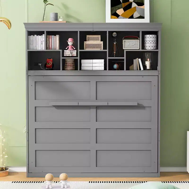 Cama de pared Whisen Modern Design Queen Size Murphy Bed, plegable en un gabinete con estantes superiores y puertos USB