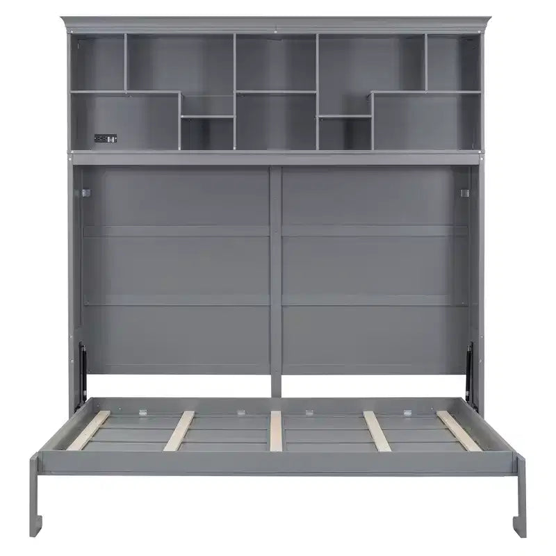 Cama de pared Whisen Modern Design Queen Size Murphy Bed, plegable en un gabinete con estantes superiores y puertos USB