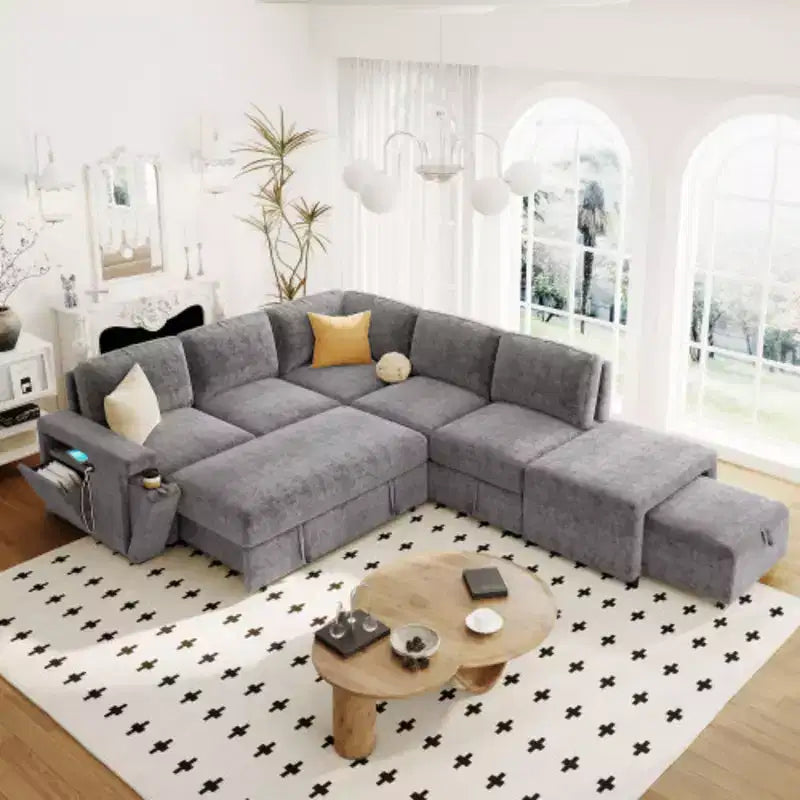 L-Shaped Modular Sofa with Storage, USB Charging, & Cup Holders for Living Rooms & Offices