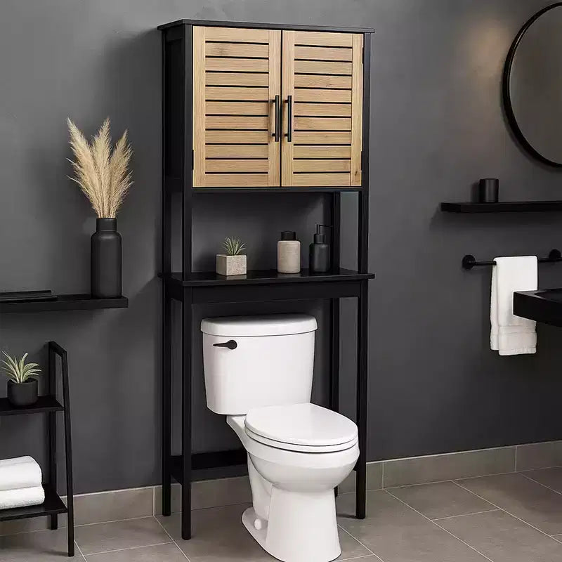 Evideco Armario de almacenamiento sobre el inodoro con doble puerta ventilada y estante abierto, negro y marrón - Colección Bergen
