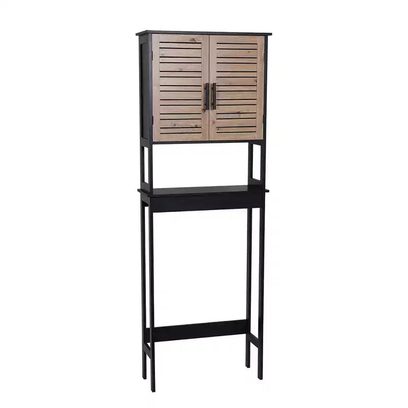 Evideco Armario de almacenamiento sobre el inodoro con doble puerta ventilada y estante abierto, negro y marrón - Colección Bergen