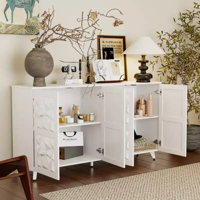 Famapy 4 - Cómoda con superficie decorada con rombos de 4 puertas para el almacenamiento en la sala de estar