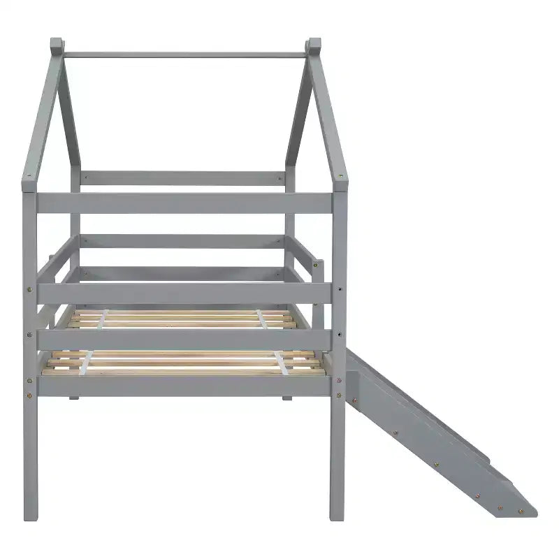 Cama alta Whisen 81.7L x 67.6W individual baja tipo casa con tobogán, escalera, barandillas de seguridad, marco de techo tipo casa