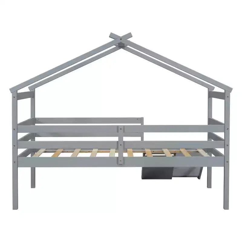 Cama alta Whisen 81.7L x 67.6W individual baja tipo casa con tobogán, escalera, barandillas de seguridad, marco de techo tipo casa