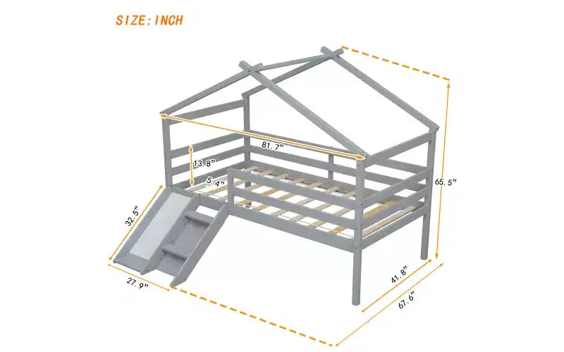 Cama alta Whisen 81.7L x 67.6W individual baja tipo casa con tobogán, escalera, barandillas de seguridad, marco de techo tipo casa