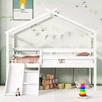 Cama alta Whisen 81.7L x 67.6W individual baja tipo casa con tobogán, escalera, barandillas de seguridad, marco de techo tipo casa
