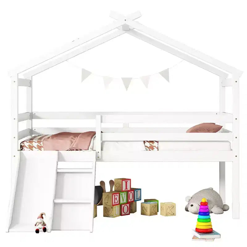Cama alta Whisen 81.7L x 67.6W individual baja tipo casa con tobogán, escalera, barandillas de seguridad, marco de techo tipo casa
