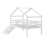 Cama alta Whisen 81.7L x 67.6W individual baja tipo casa con tobogán, escalera, barandillas de seguridad, marco de techo tipo casa