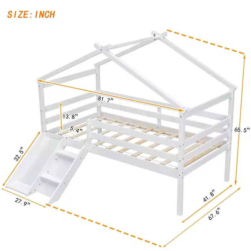 Cama alta Whisen 81.7L x 67.6W individual baja tipo casa con tobogán, escalera, barandillas de seguridad, marco de techo tipo casa