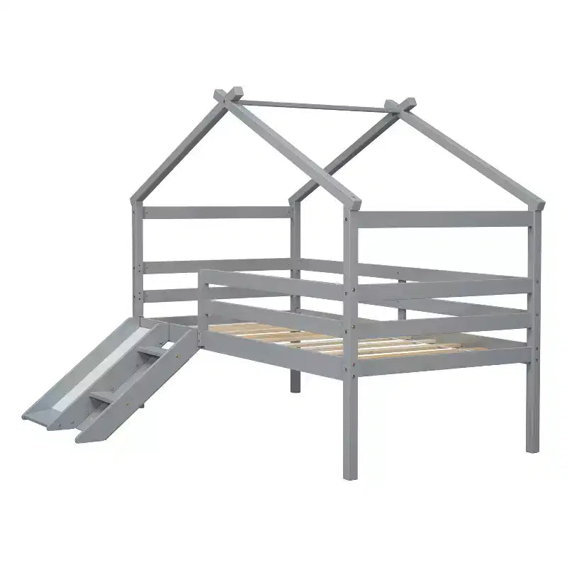 Cama alta Whisen 81.7L x 67.6W individual baja tipo casa con tobogán, escalera, barandillas de seguridad, marco de techo tipo casa